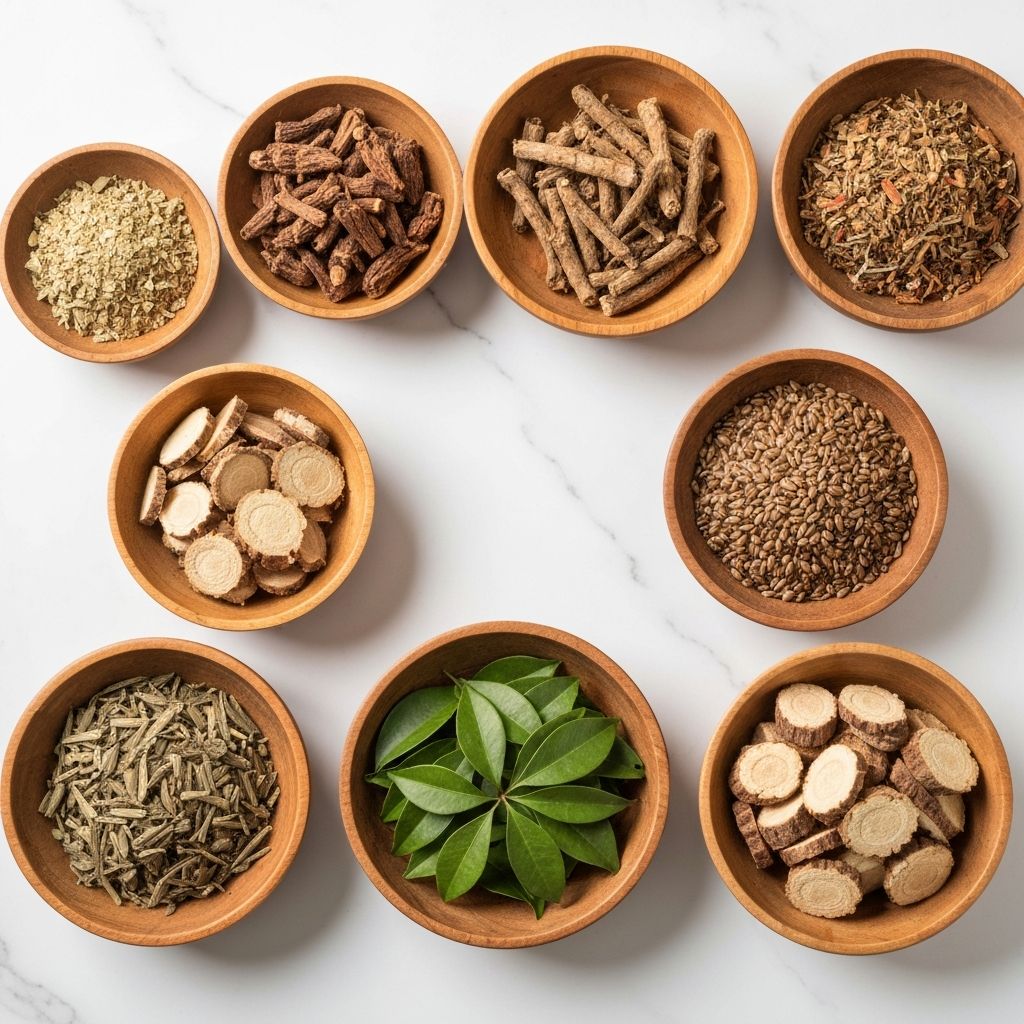 Various natural plant-based ingredients used in traditional preparations